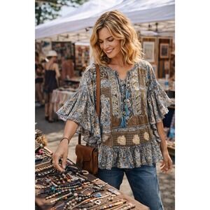 Vintage 90s Tienda Ho India Boho Patchwork Peasant Blouse Festival Anthro OS